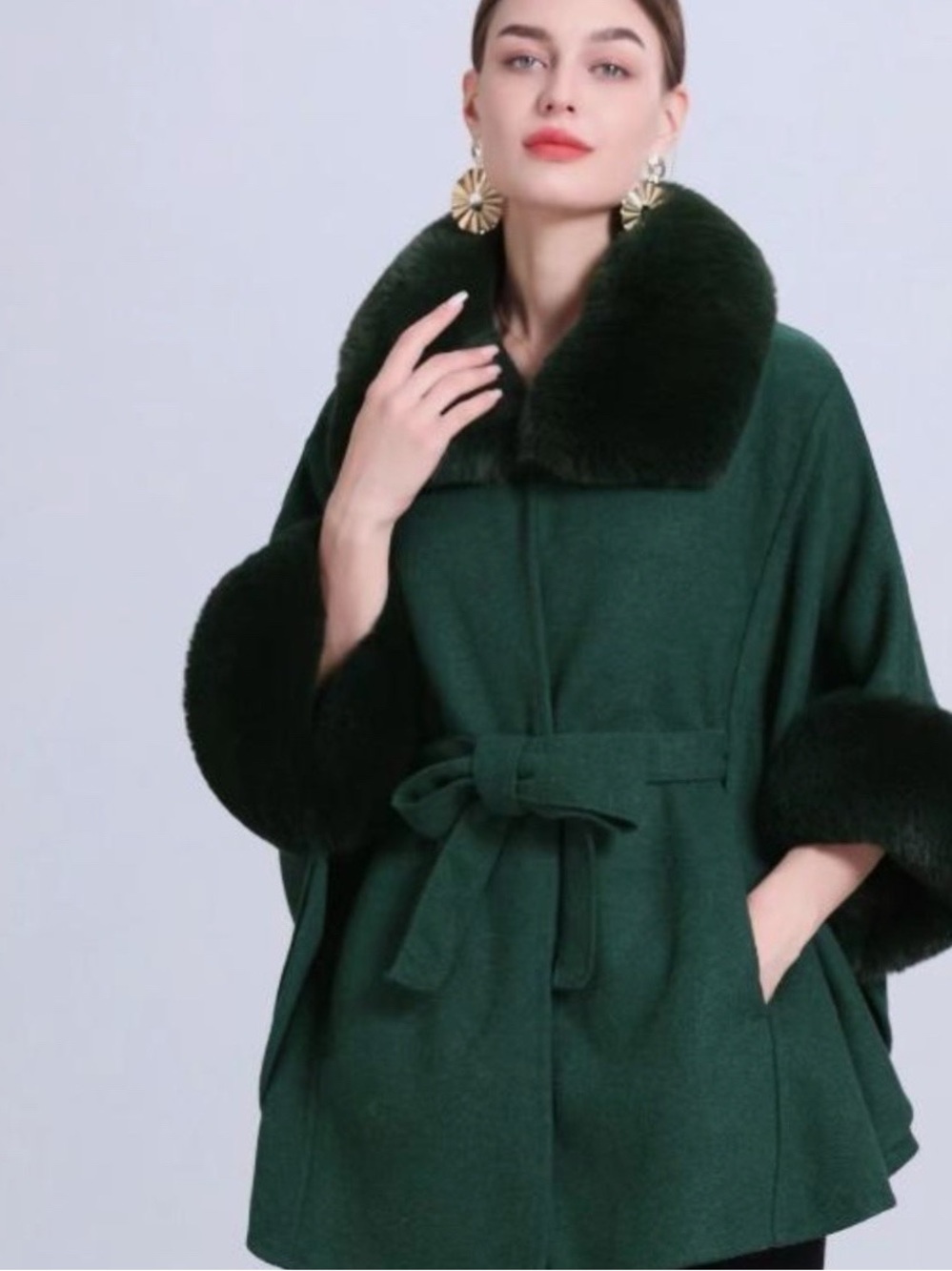 Brand New W/out Tags Belted Dark Green Cape with Faux Fur Trim